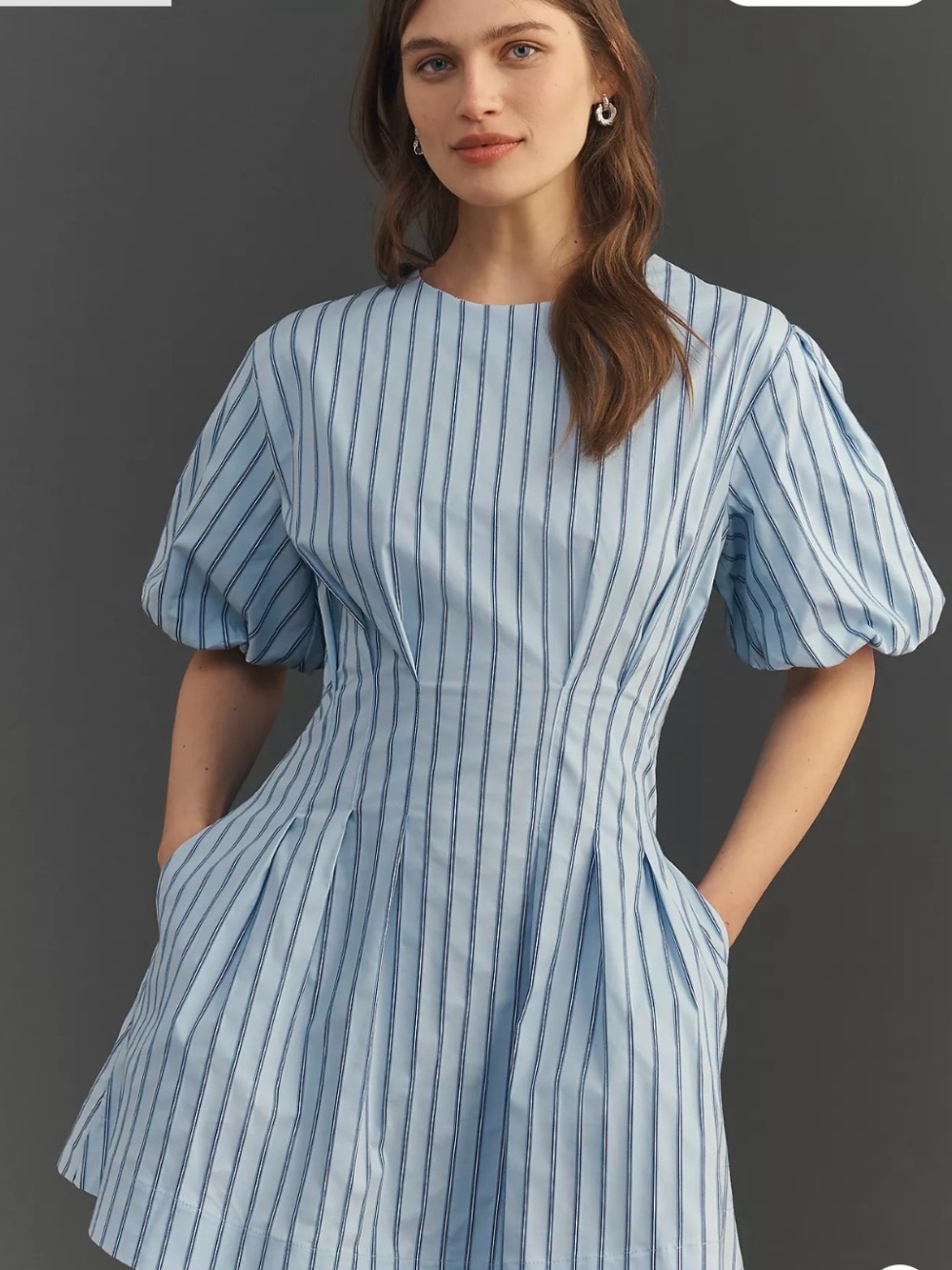 Anthropologie Light Blue & Navy Striped Puff-Sleeve Mini Dress